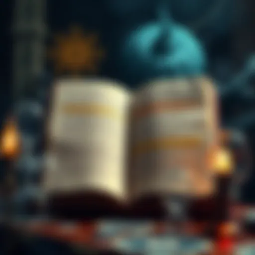 An open ancient book with highlighted sections discussing the three poisons concept, surrounded by traditional symbols representing these ideas.