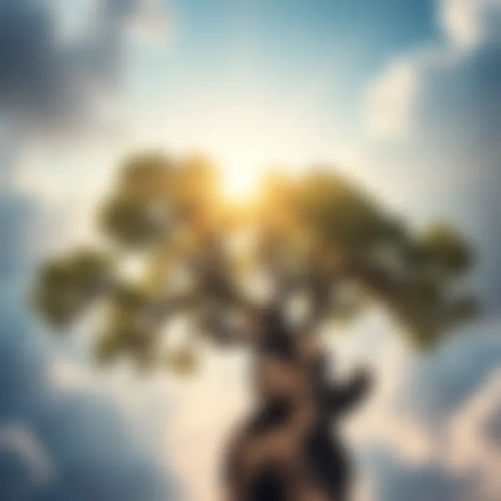 A tall, ancient tree extending towards the sky, surrounded by clouds, representing texts from the Book of Enoch.