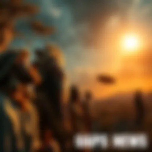 A depiction of ancient people observing a bright object in the sky, with a mix of awe and curiosity on their faces, surrounded by nature.