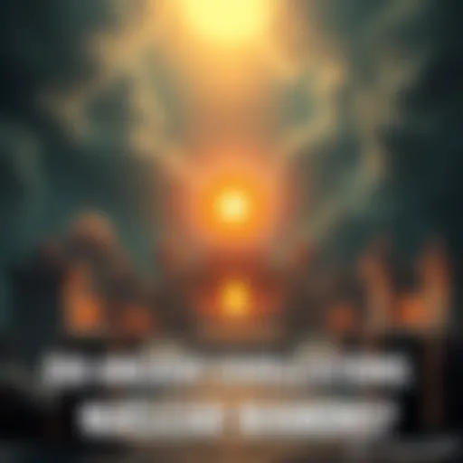 A depiction of an ancient civilization with complex structures and a glowing orb, suggesting advanced technology resembling nuclear energy.