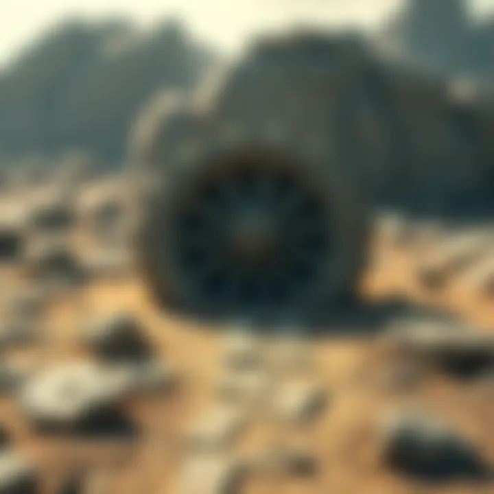 A close-up view of a carved ancient wheel with distinct tracks leading away from it, surrounded by rocks and dirt.