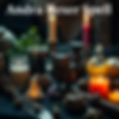 A collection of items used in the Andras hexing spell, including candles, herbs, and a small owl figurine.