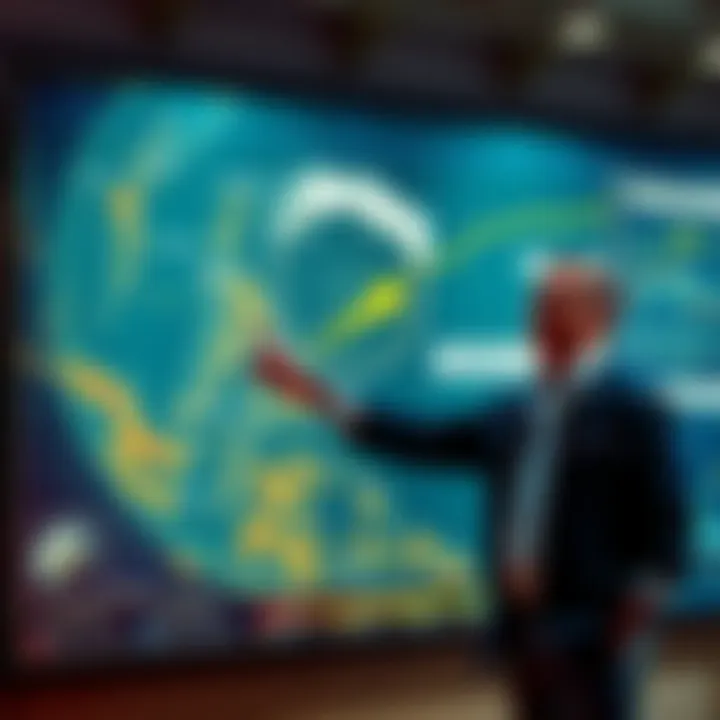 Andrew Armstrong standing in front of a map, pointing at seismic data, with a concerned expression as he discusses a predicted tsunami.