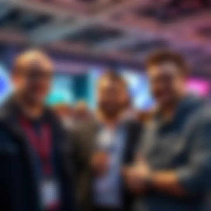 Andrew Tate standing with streamers Sneako and Adin Ross at a tech event, discussing their partnerships.