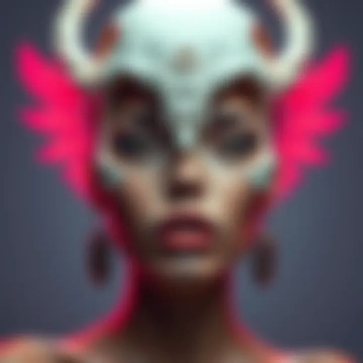 A model showcasing the angel skull aesthetic with defined cheekbones and smooth facial features, contrasting Western beauty standards and ethnic characteristics.