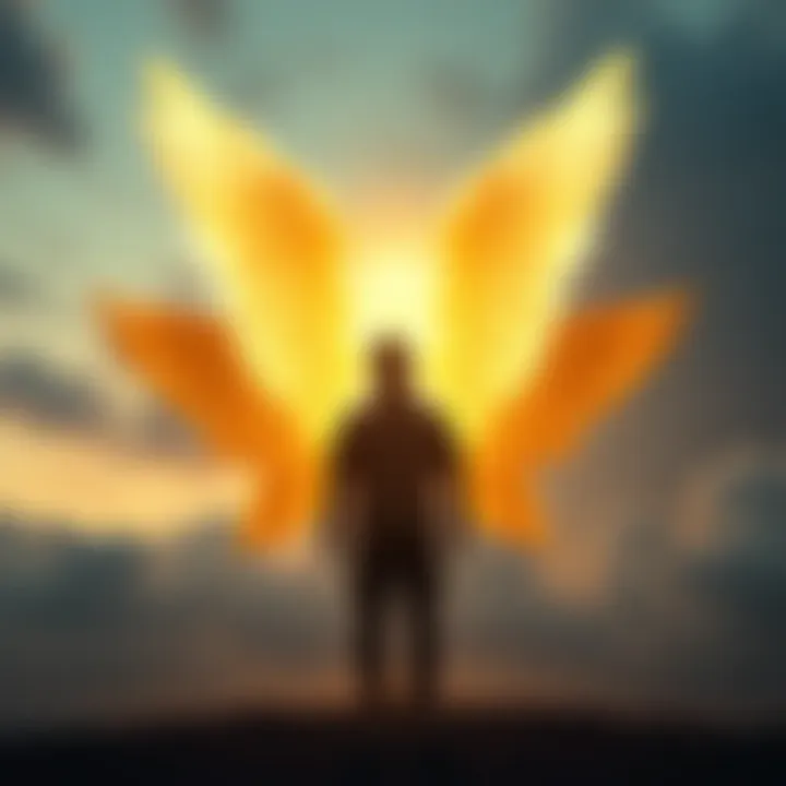 Two glowing angelic beings in a serene setting A man stands in awe as two bright angelic beings surround him, radiating peace and light, set against a tranquil backdrop.