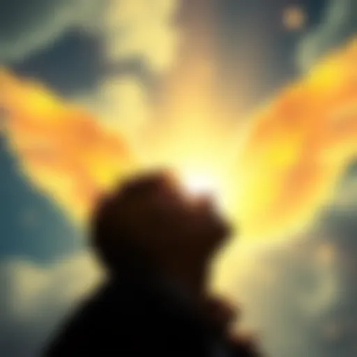 A serene scene featuring a person looking up towards a glowing light, symbolizing angelic guidance for love, career, and health questions.