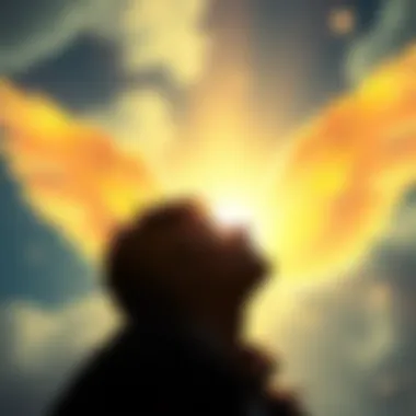 Angelic Guidance Concept A serene scene featuring a person looking up towards a glowing light, symbolizing angelic guidance for love, career, and health questions.