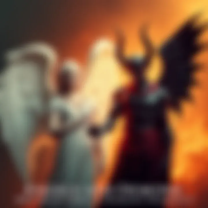 A serene angel with a calm expression stands next to a shadowy demon offering a guiding hand, symbolizing their contrasting roles in humanity's support.