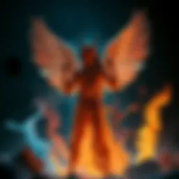 A depiction of a human figure blending angelic and demonic features, standing amidst elemental symbols like fire, water, earth, and air.