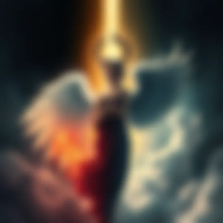 An illustration of a bright angel on one side and a shadowy demon on the other, symbolizing the conflict between good and evil, with swirling clouds around them.