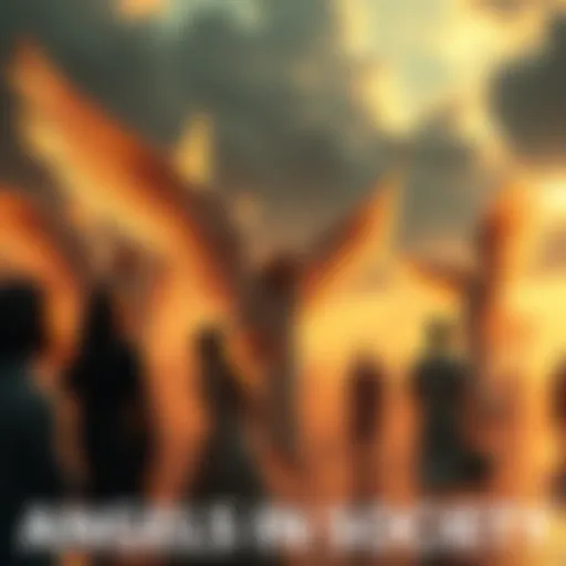 A serene scene showing people with angelic figures in the background, symbolizing spirituality and humanity.