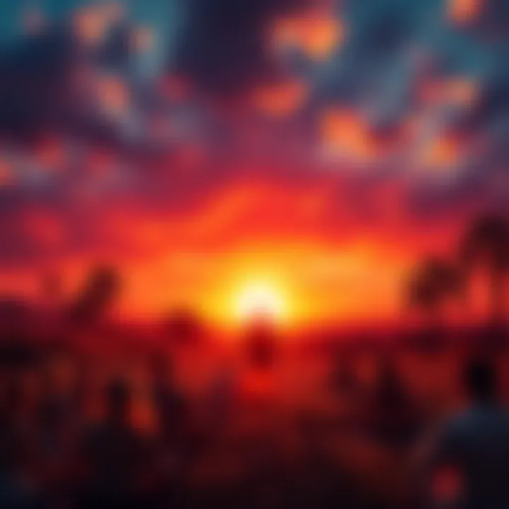 A gathering of people in a peaceful setting, meditating under a colorful sunset, representing the New Age spirituality era in Los Angeles.
