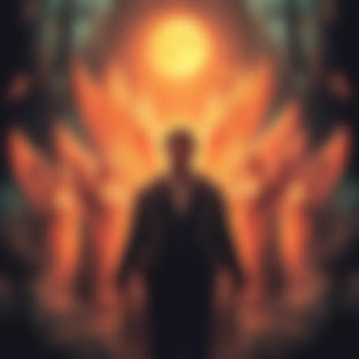 A figure surrounded by glowing angelic figures, each representing a different presence in a spiritual setting.