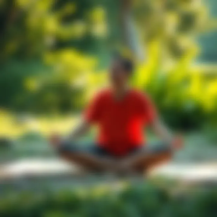 A person sitting cross-legged on a mat, meditating and breathing deeply, surrounded by calming nature, illustrating methods to manage anger.
