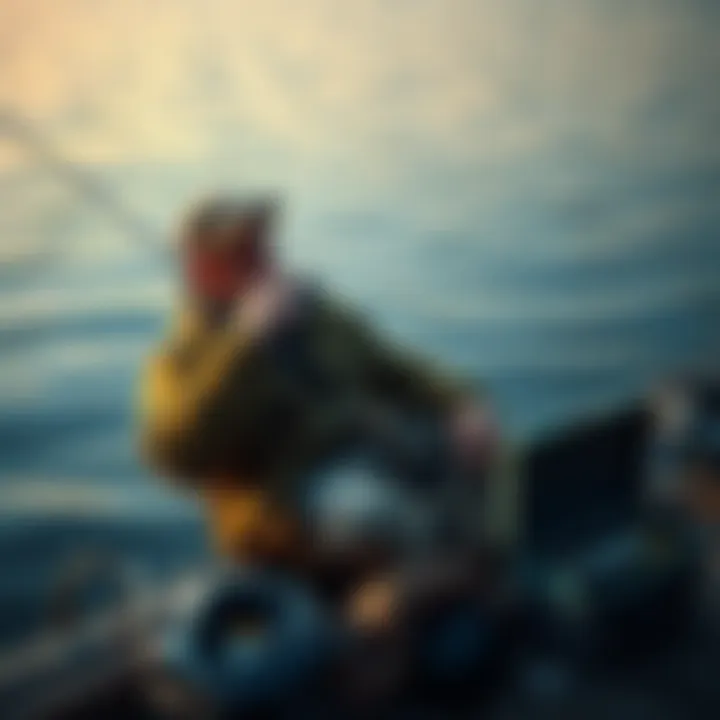 A fisherman sitting by the water, holding a fishing rod in one hand and a cigarette in the other, with a tackle box beside him.