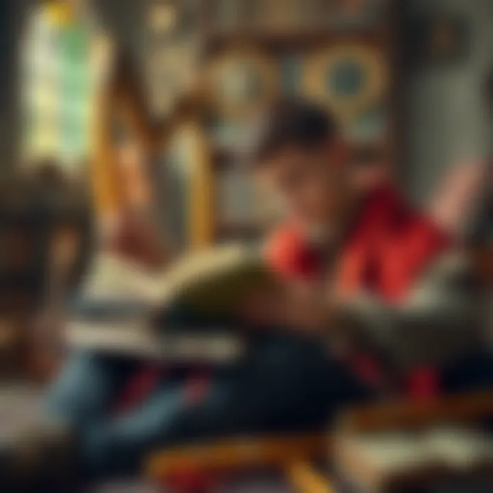 A student studying with books on the Anglo-Saxon god of music, Geat, surrounded by musical instruments like a harp and a flute.