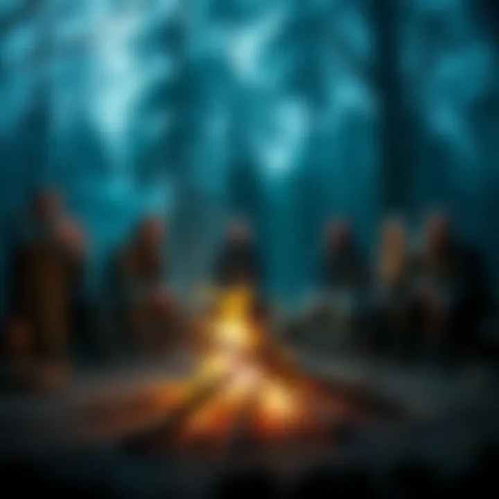 A group of people gathered around a fire, discussing the multi-part soul concept in Anglo-Saxon paganism