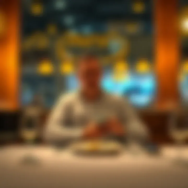 Angry Taurus man at dinner table A frustrated Taurus man sits alone at a dinner table in a restaurant, looking upset after a late arrival. He has a phone in his hand, indicating frustration over blocked communication.