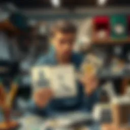 Angry buyer holds Departures Tarot deck A frustrated buyer displays the Departures Tarot deck while holding a flyer that accuses the creators of using AI in art. The setting shows a cluttered room with art supplies and tarot cards around.