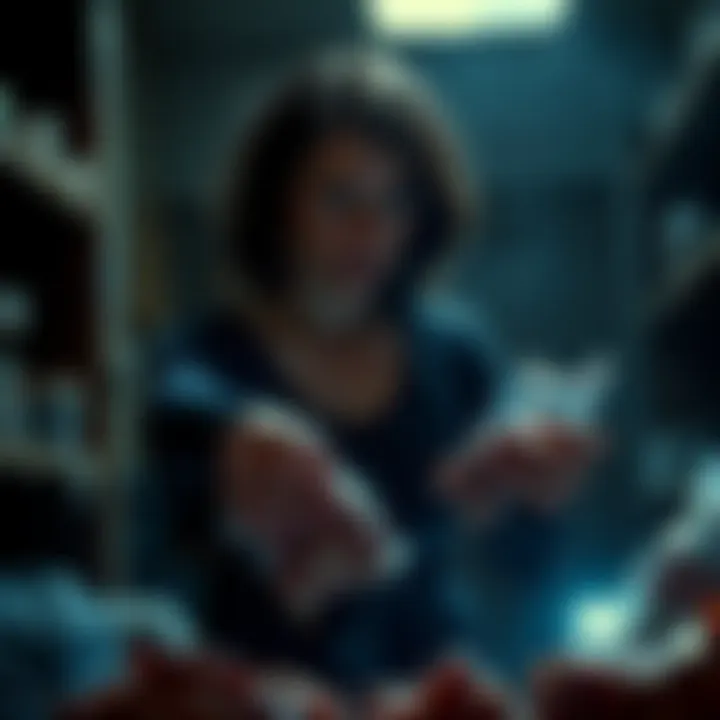 A woman looking determined, holding rotten meat supplies in a dimly lit room, contemplating her next move against two girls.