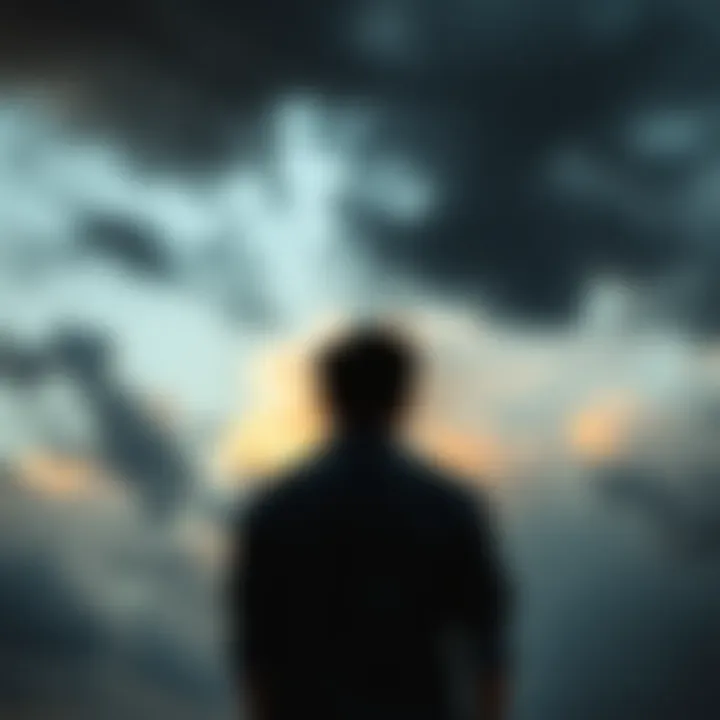 A person in anguish under a stormy sky A distressed individual stands alone, facing dark clouds, symbolizing suffering and confusion in the context of perceived divine love.