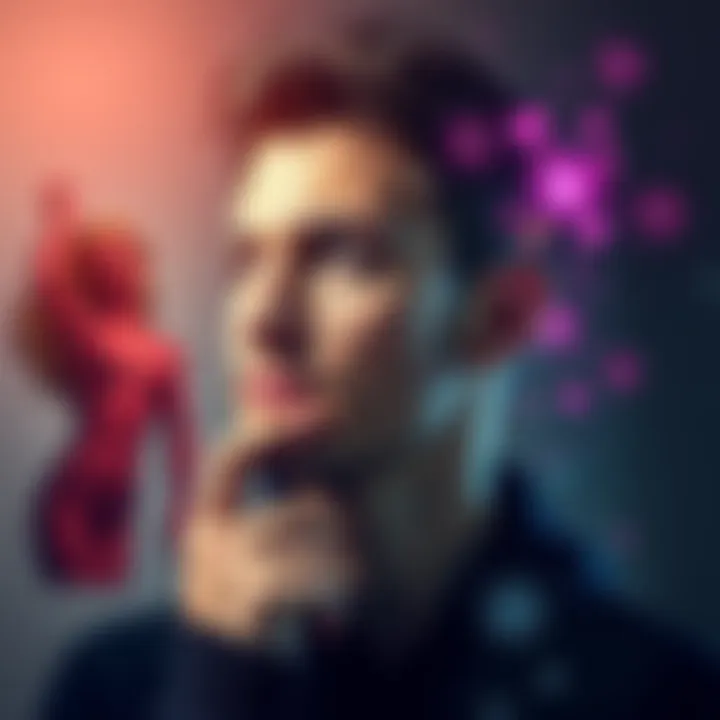 A thoughtful person reflecting on gender identity, with elements symbolizing masculinity and femininity around them, representing the concept of anima.