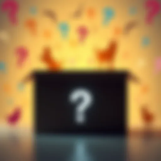 Animal Figure in a Box A closed box with a question mark, hinting at an animal figure inside, surrounded by colorful question marks and silhouettes of various animals