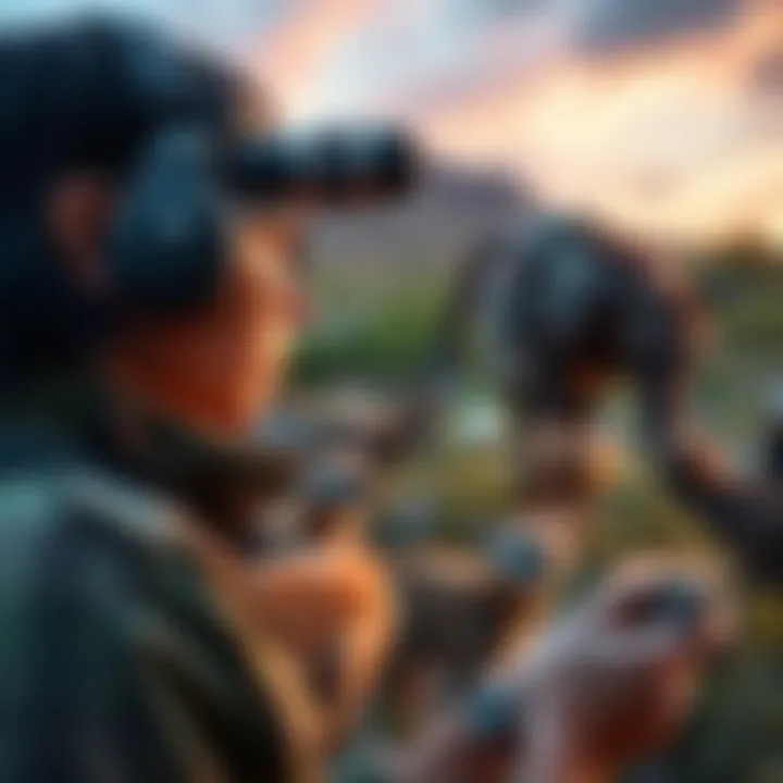 A person observing different animals in a natural setting, practicing identification skills and learning about various species.