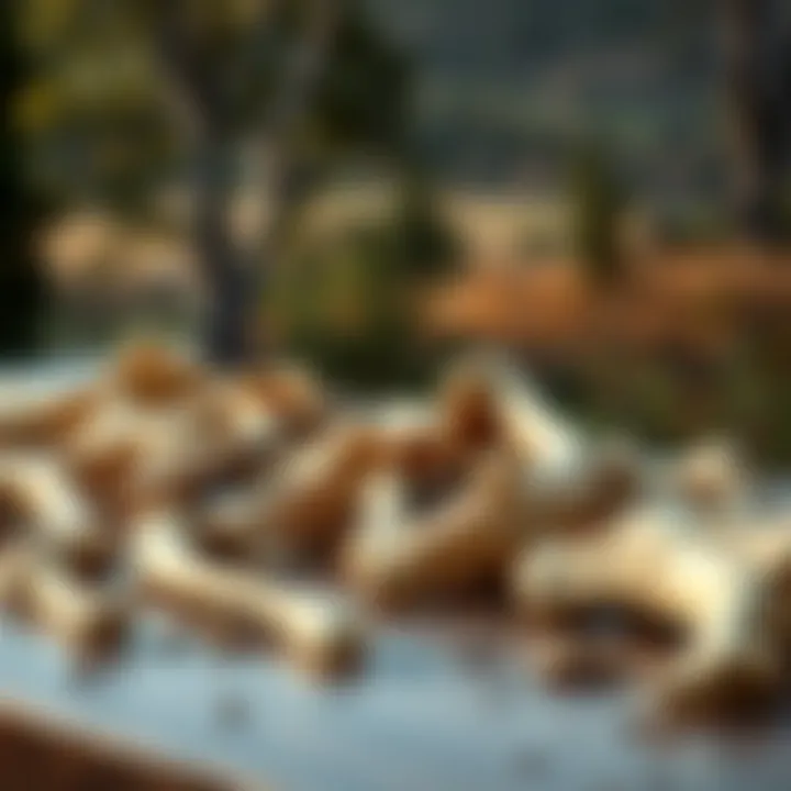 A collection of animal bones laid out on a table, with a focus on a serene natural background, symbolizing a connection to nature.