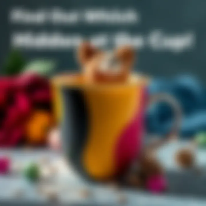 Close-up of a colorful cup with an animal figure partially visible inside, surrounded by hints and playful decorations