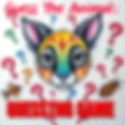 A colorful drawing of an animal to guess, surrounded by question marks and hints of other animals like fish and insects.