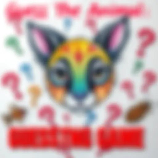 A colorful drawing of an animal to guess, surrounded by question marks and hints of other animals like fish and insects.