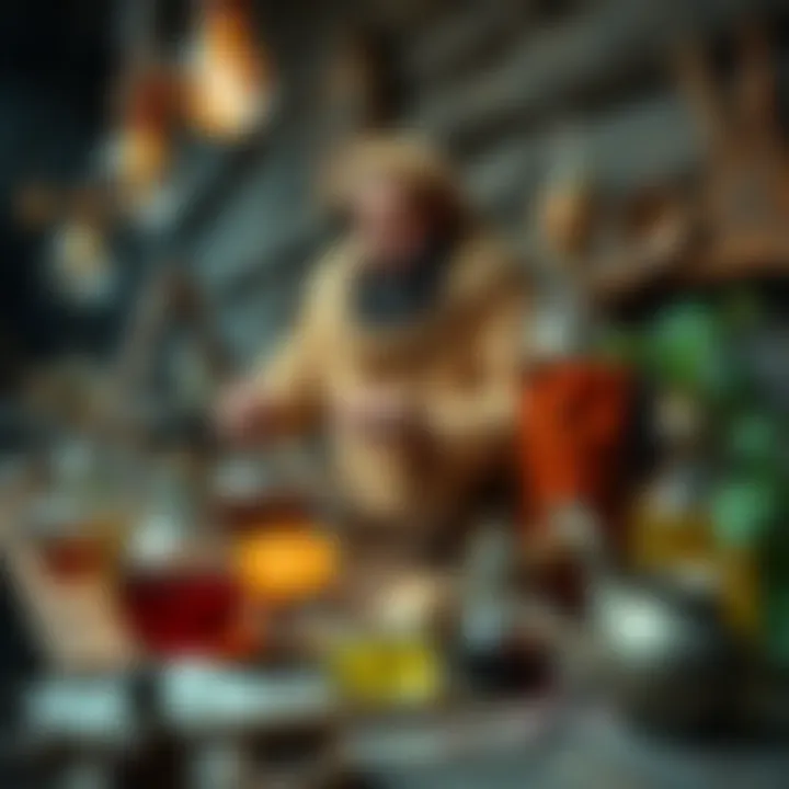 A historical depiction of alchemists working with animal materials to create tinctures, surrounded by ingredients and tools, comparing to plant tincturing methods.