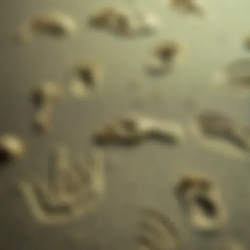 Close-up of various animal footprints in sandy soil, showing different shapes and sizes that hint at local wildlife.