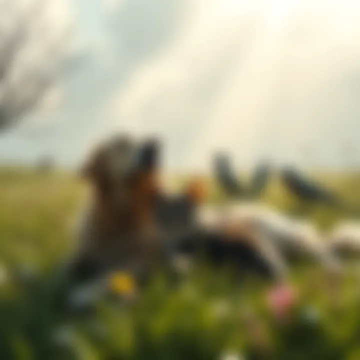 A serene scene showing various animals, like a dog, cat, and bird, peacefully resting in a meadow under a soft light, symbolizing the afterlife.