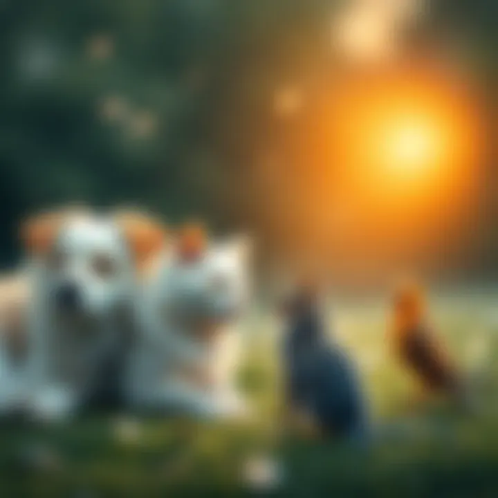 A peaceful scene showing various animals like a dog, cat, and bird in a serene setting, symbolizing the discussion on whether animals have souls according to gnostic beliefs.