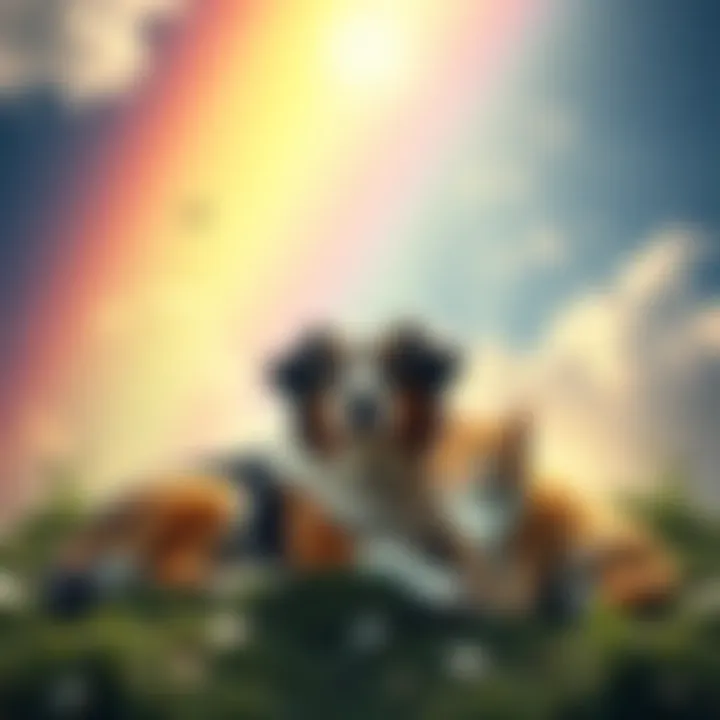 A serene scene featuring a dog and cat resting together under a bright rainbow, symbolizing the idea of an afterlife for pets.