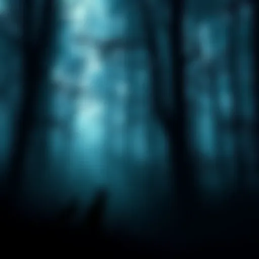 A dark forest with shadows of animals and mist, setting a spooky atmosphere