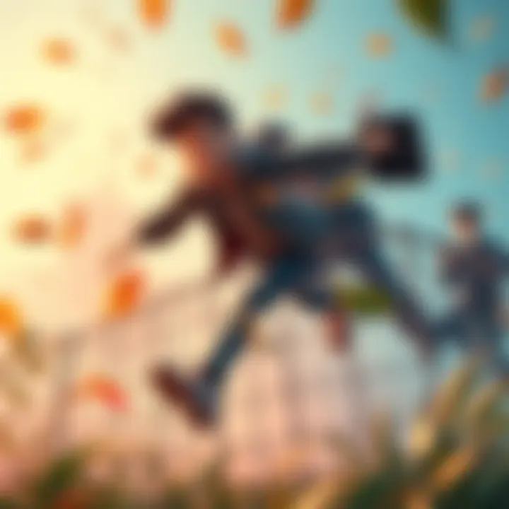 Animator running from police An animator depicted in a colorful scene, running from police, jumping over a fence, and hiding behind leaves