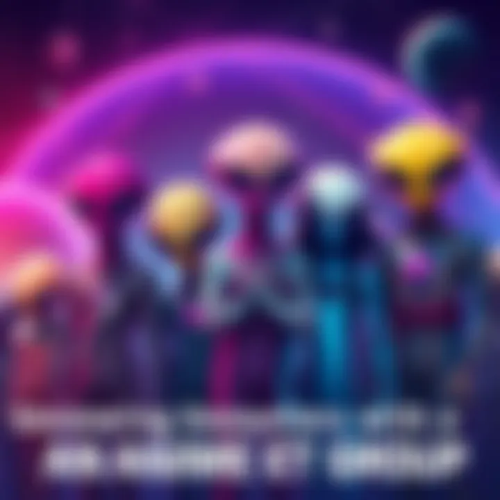 A group of colorful, anime-style extraterrestrial beings gathered in a cosmic setting, showcasing different expressions and outfits