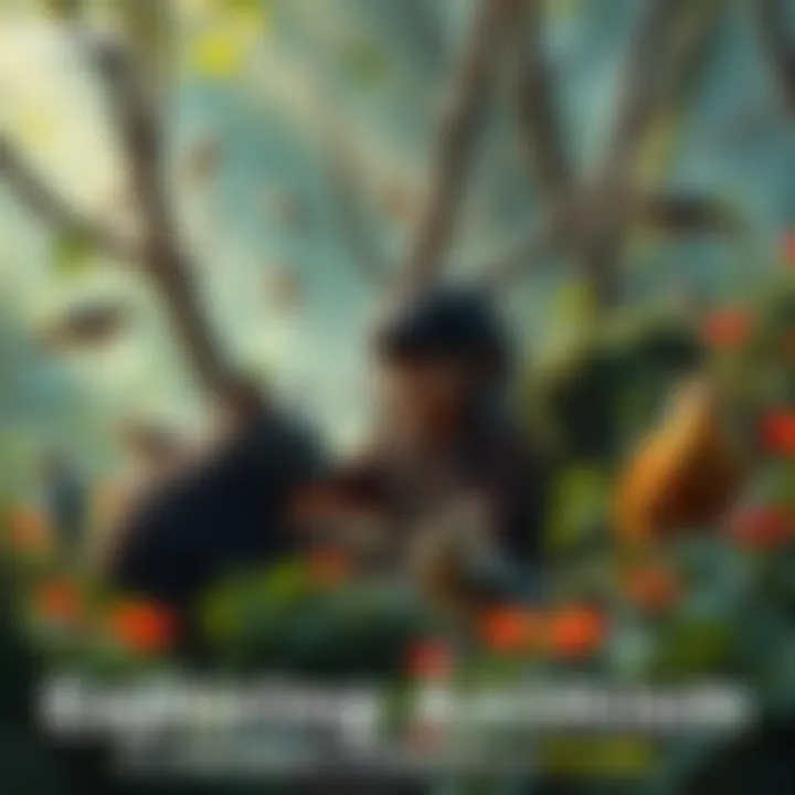 A character interacting with nature, showing the bond between humans and the environment, surrounded by animals and plants that symbolize animism.