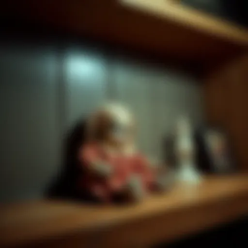 A close-up of Annabelle the Doll sitting on a wooden shelf, with a dimly lit background, creating an eerie atmosphere