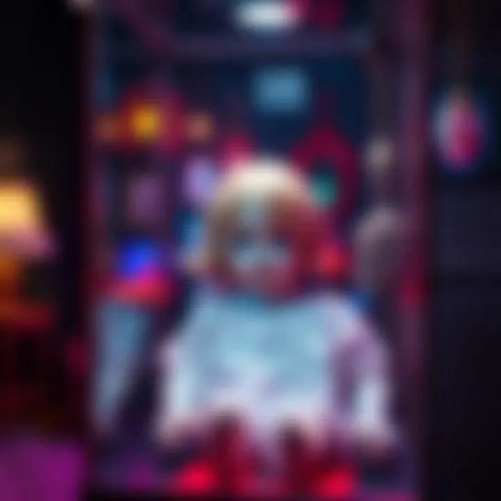 The Annabelle doll sitting in a glass case surrounded by eerie lighting and haunting decor.