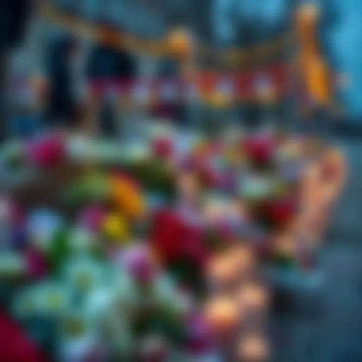 Anne Heche memorial flowers A collection of flowers and candles at a memorial site for Anne Heche, with people gathering to pay respects.