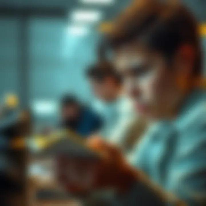 A person with a frustrated expression, trying to read or work while being distracted by background chatter, highlighting the impact of interruptions on focus.