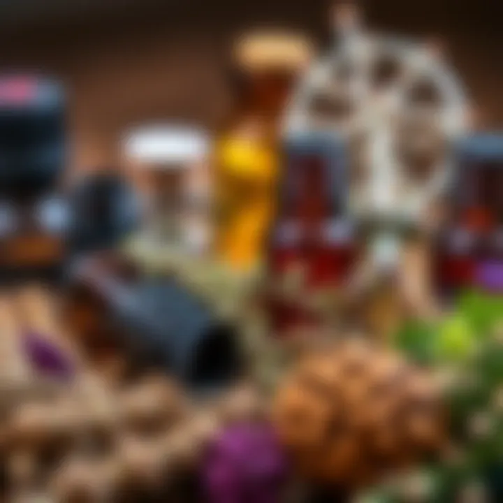 A close-up of various essential oils with herbs