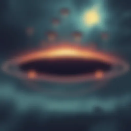 An illustration showing the Anomaly Field at Skinwalker Ranch with UAPs flying above, surrounded by a toroidal shape, indicating complex phenomena.