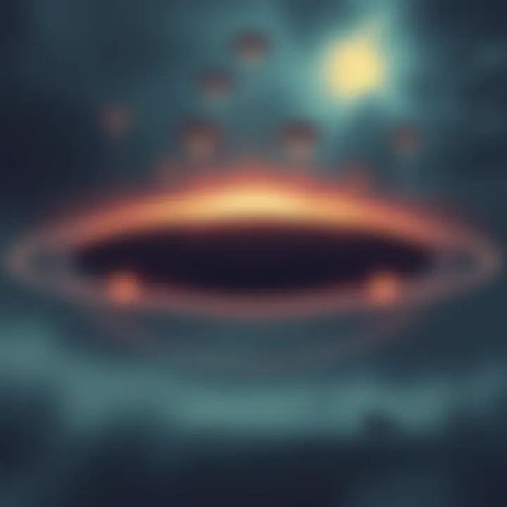 An illustration showing the Anomaly Field at Skinwalker Ranch with UAPs flying above, surrounded by a toroidal shape, indicating complex phenomena.