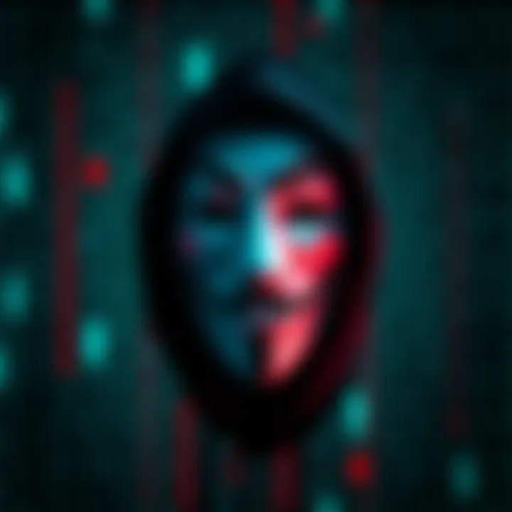 A digital mask representing the Anonymous hacker group, set against a dark background with binary code